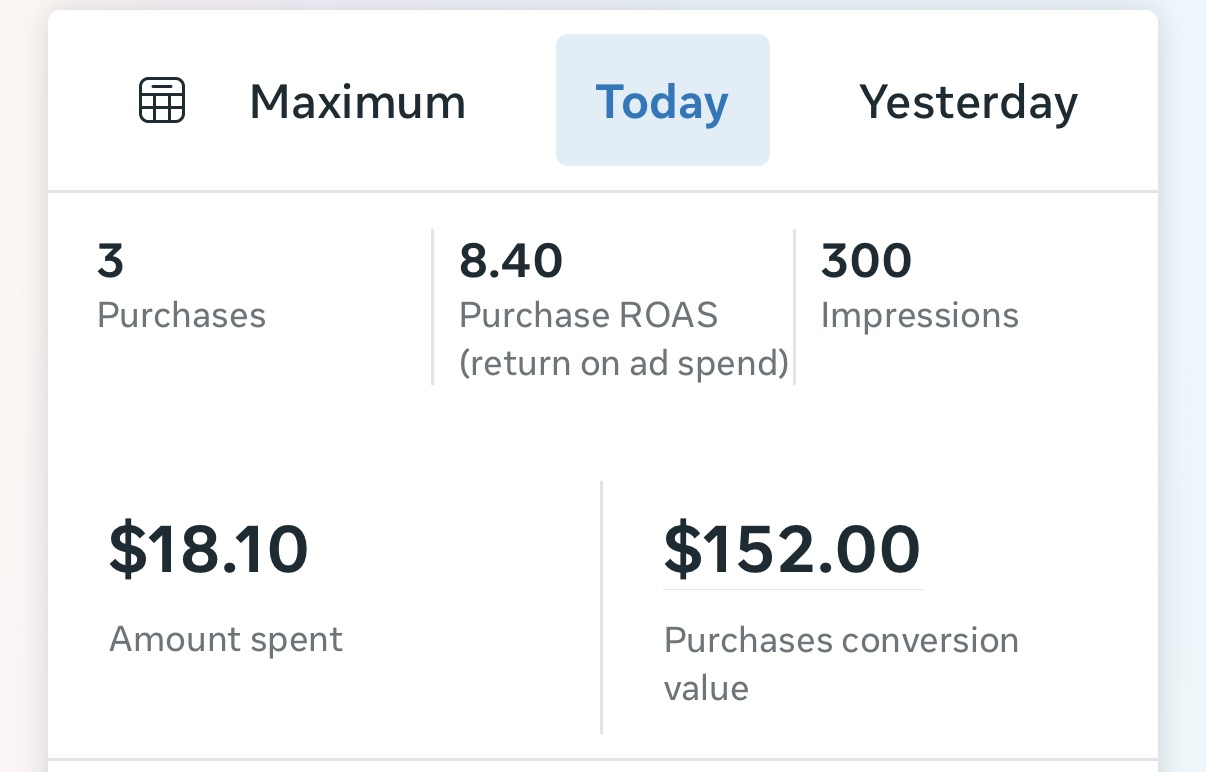 Meta Ads results: $18.10 spent, $152 made